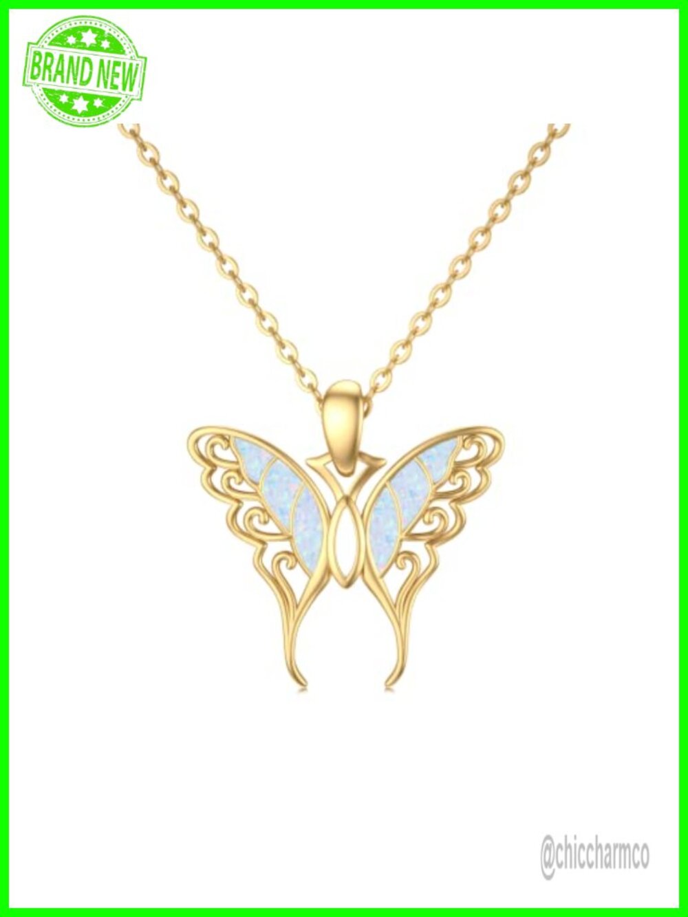 14K Real Gold Butterfly Necklace with Blue Opal for Women Dainty Pendant